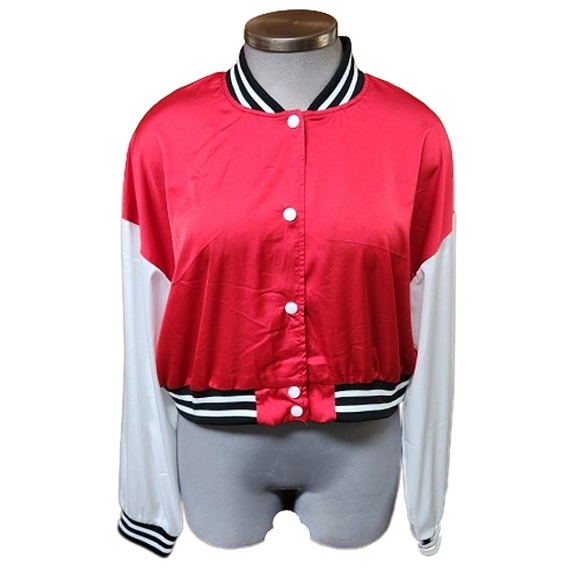 CHERRY RED SATIN ☆ BASEBALL STYLE ☆ CROPPED LIGHTWEIGHT JACKET ☆ NWT - Picture 2 of 7